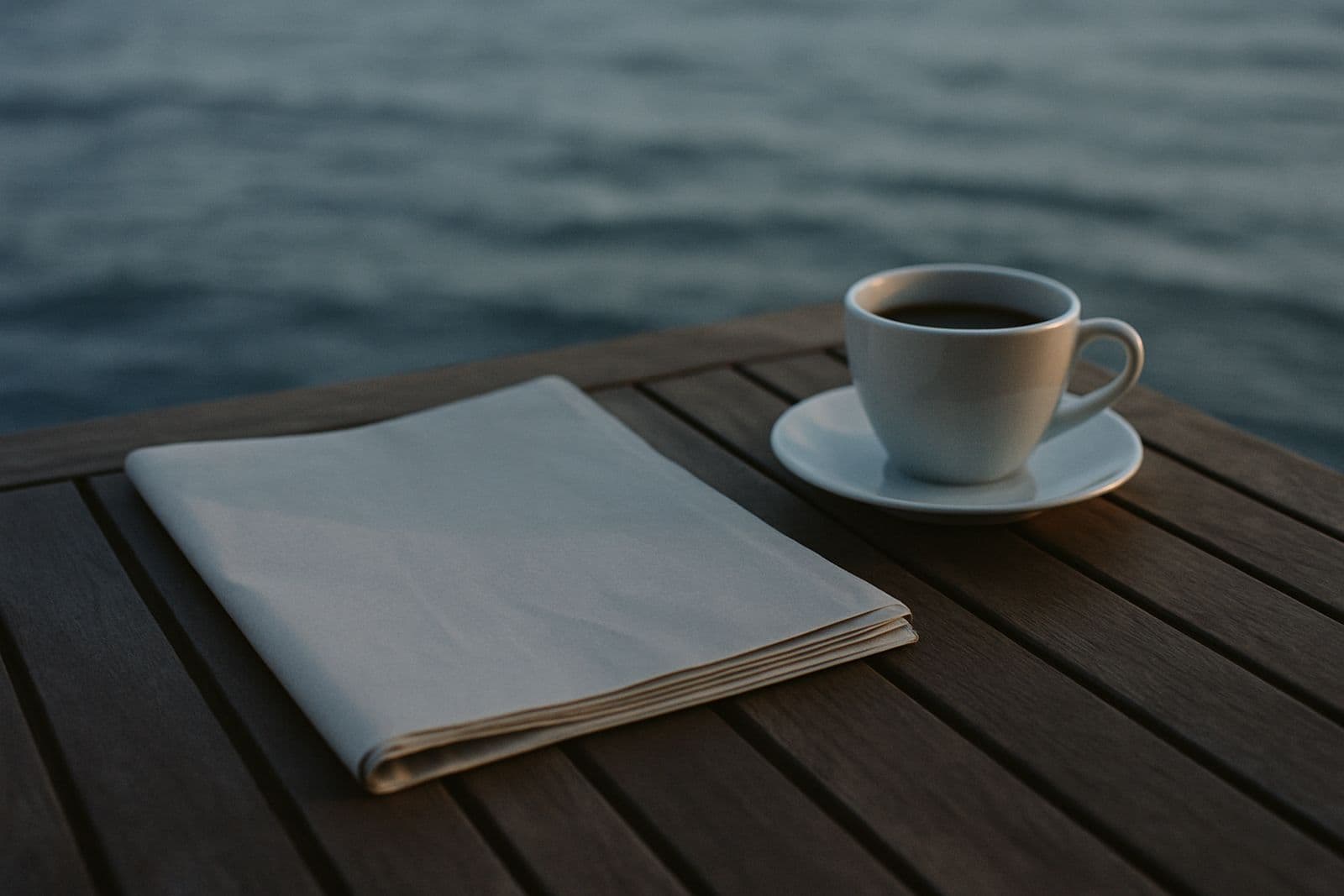 A folded newspaper and a cup of coffee on a deck table
