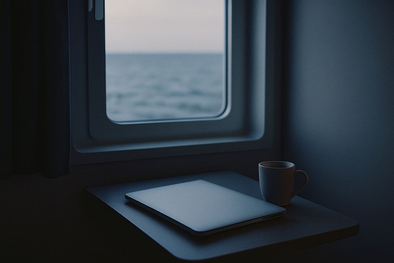 A closed laptop and a coffee cup on a cabin desk by a window