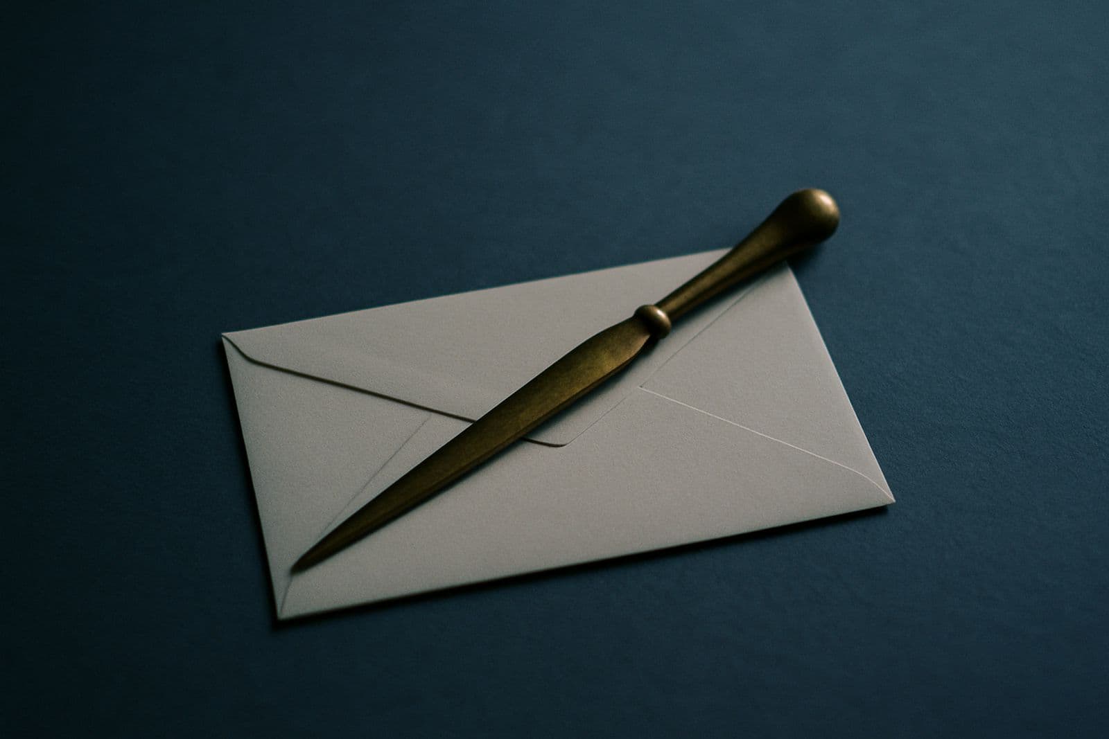 A brass letter opener resting on a sealed envelope