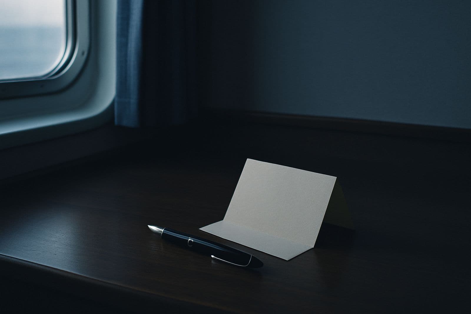 A fountain pen beside a blank notecard on a cabin desk