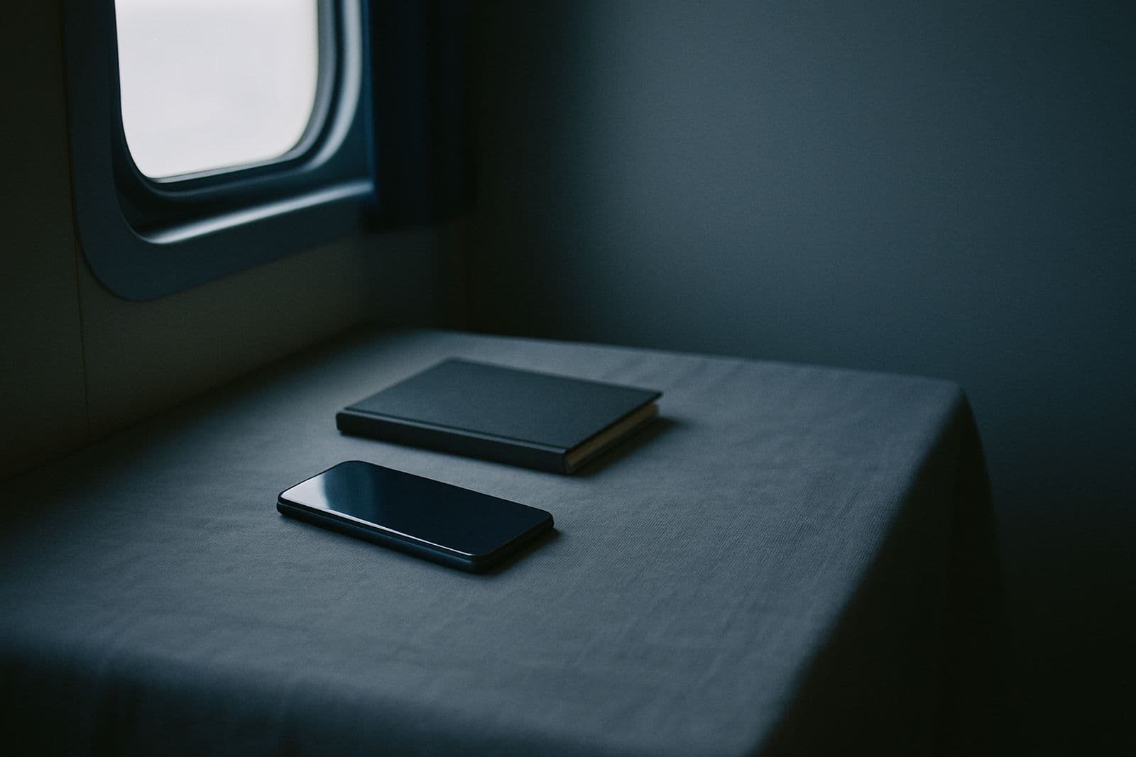 A phone lying face down beside a notebook on a cabin desk