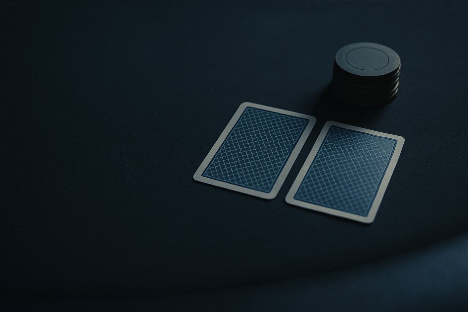 Two face-down playing cards and a stack of chips on a table
