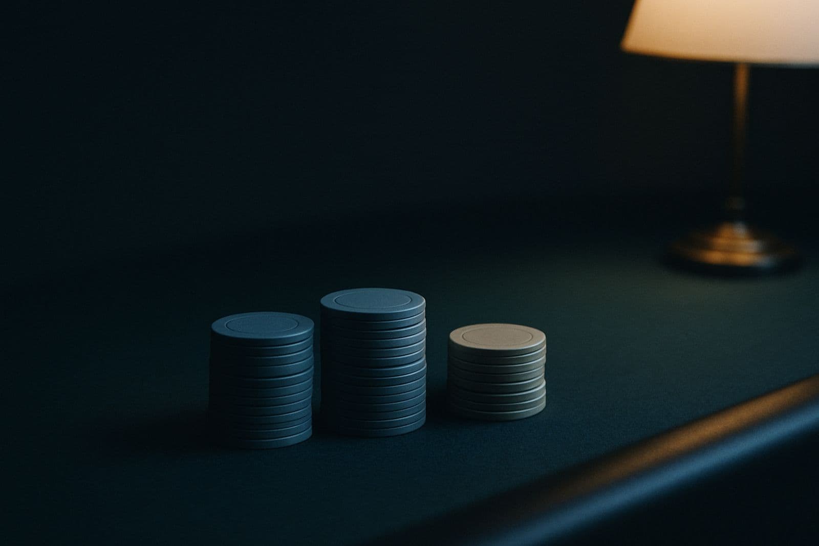 Stacks of chips on a table under a warm lamp