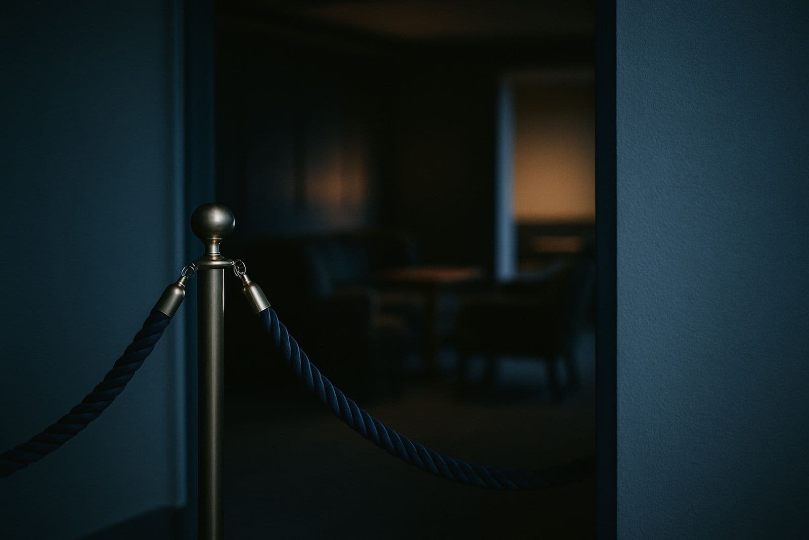 A velvet rope on brass stanchions at the entrance to a quiet lounge