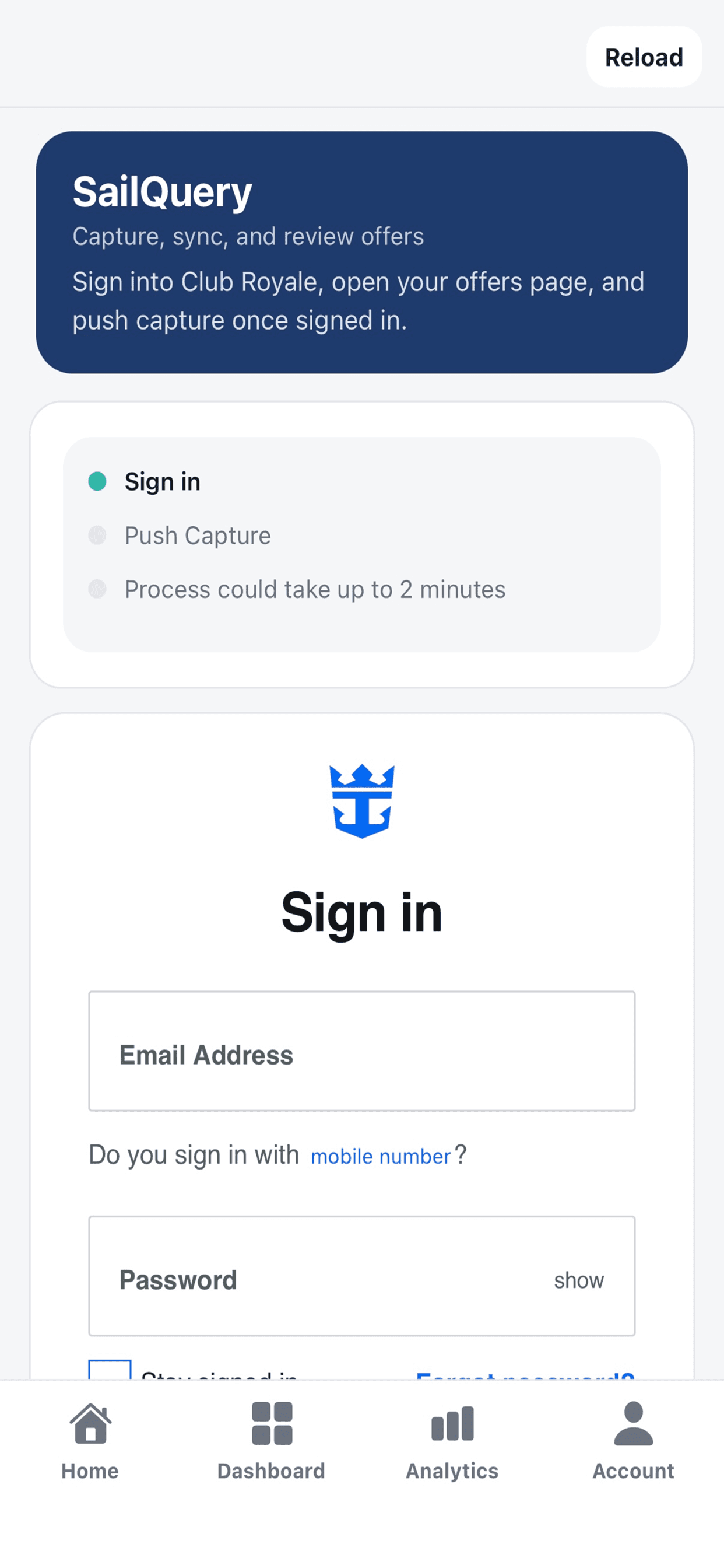 SailQuery sign-in and capture flow