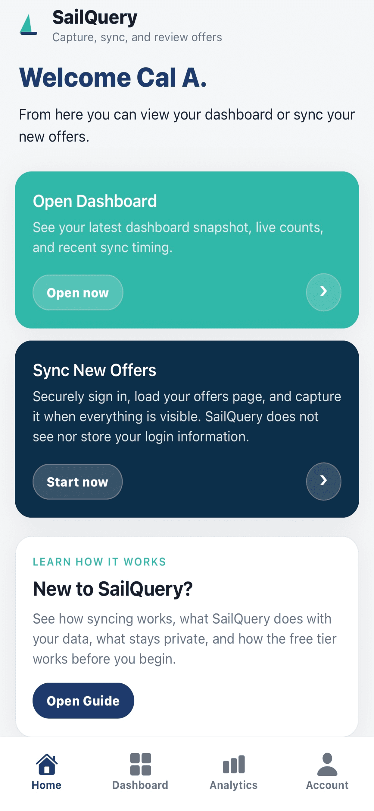 SailQuery home screen